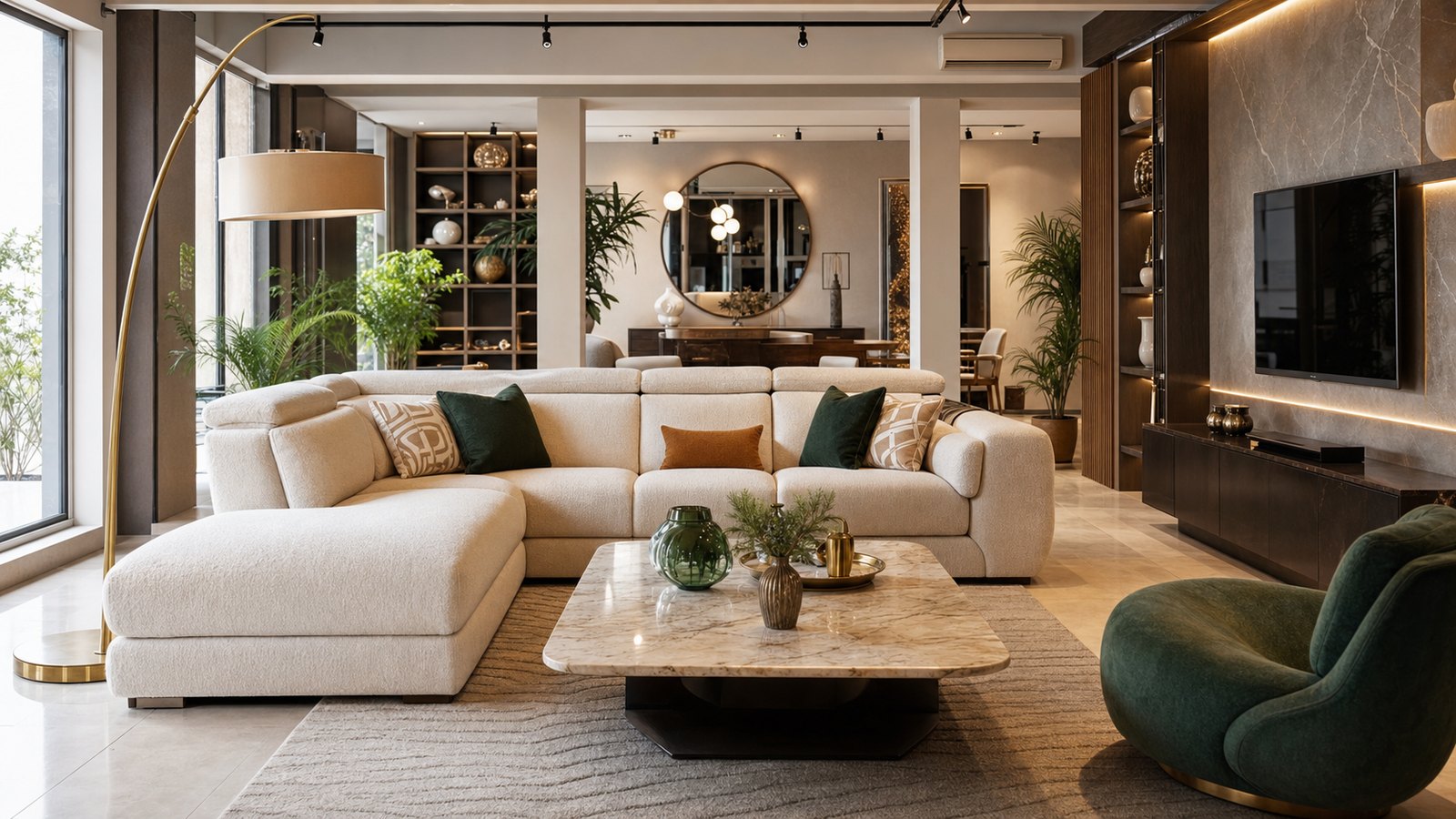 Salon haut de gamme à Dakar : canapé, table basse et luminaires