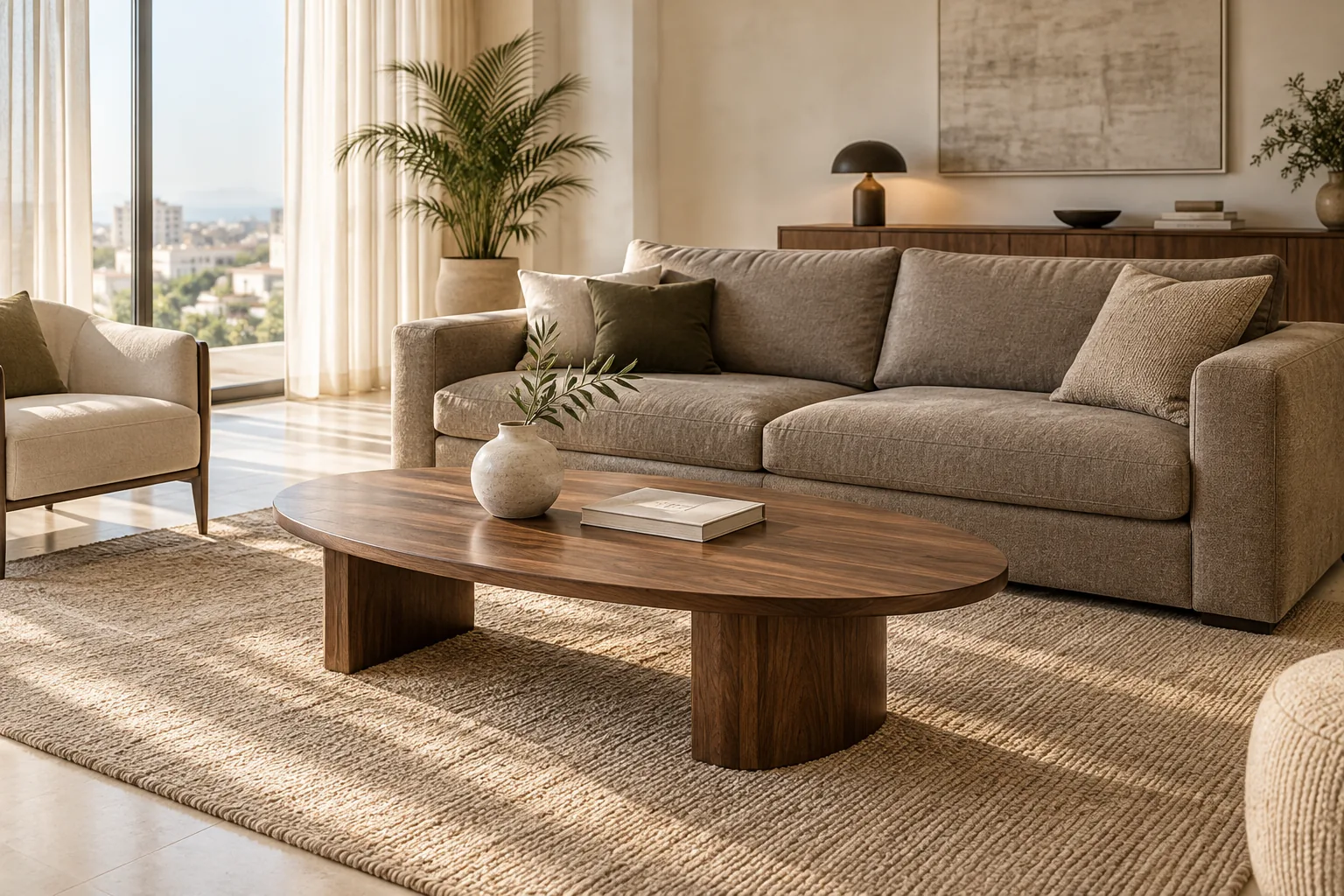 Illustration d'un salon avec canapé droit en tissu et table basse ovale en bois, disposés avec un espace libre entre les deux.